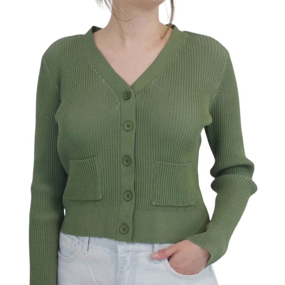 Anthropologie All:Row Army Green V-Neck Cropped Long Sleeve Cardigan Size S